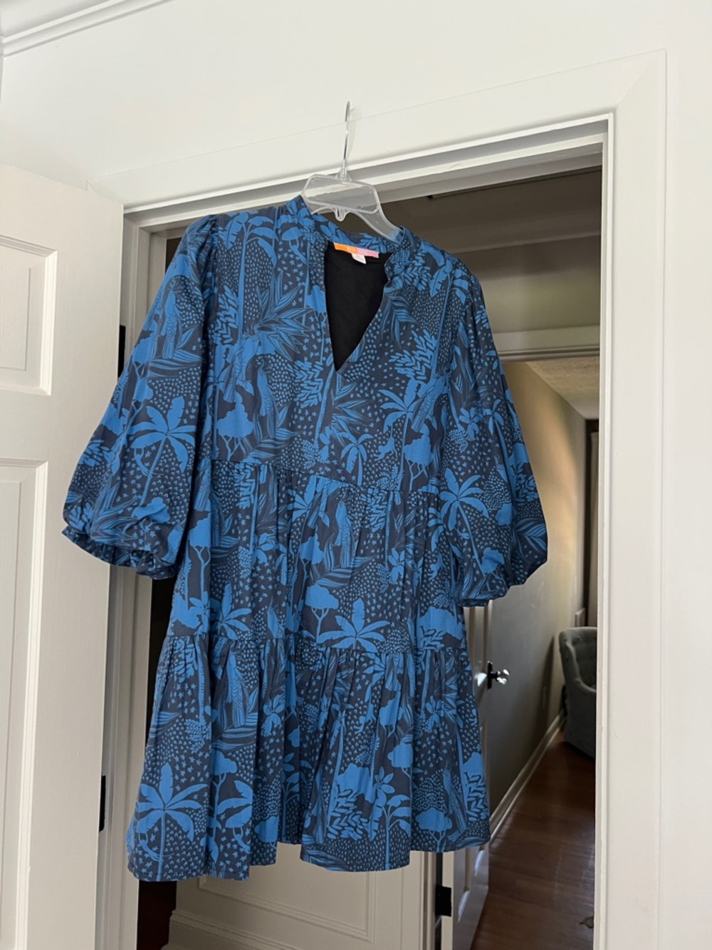 Blue Floral-Print Mini Dress with V-Neck